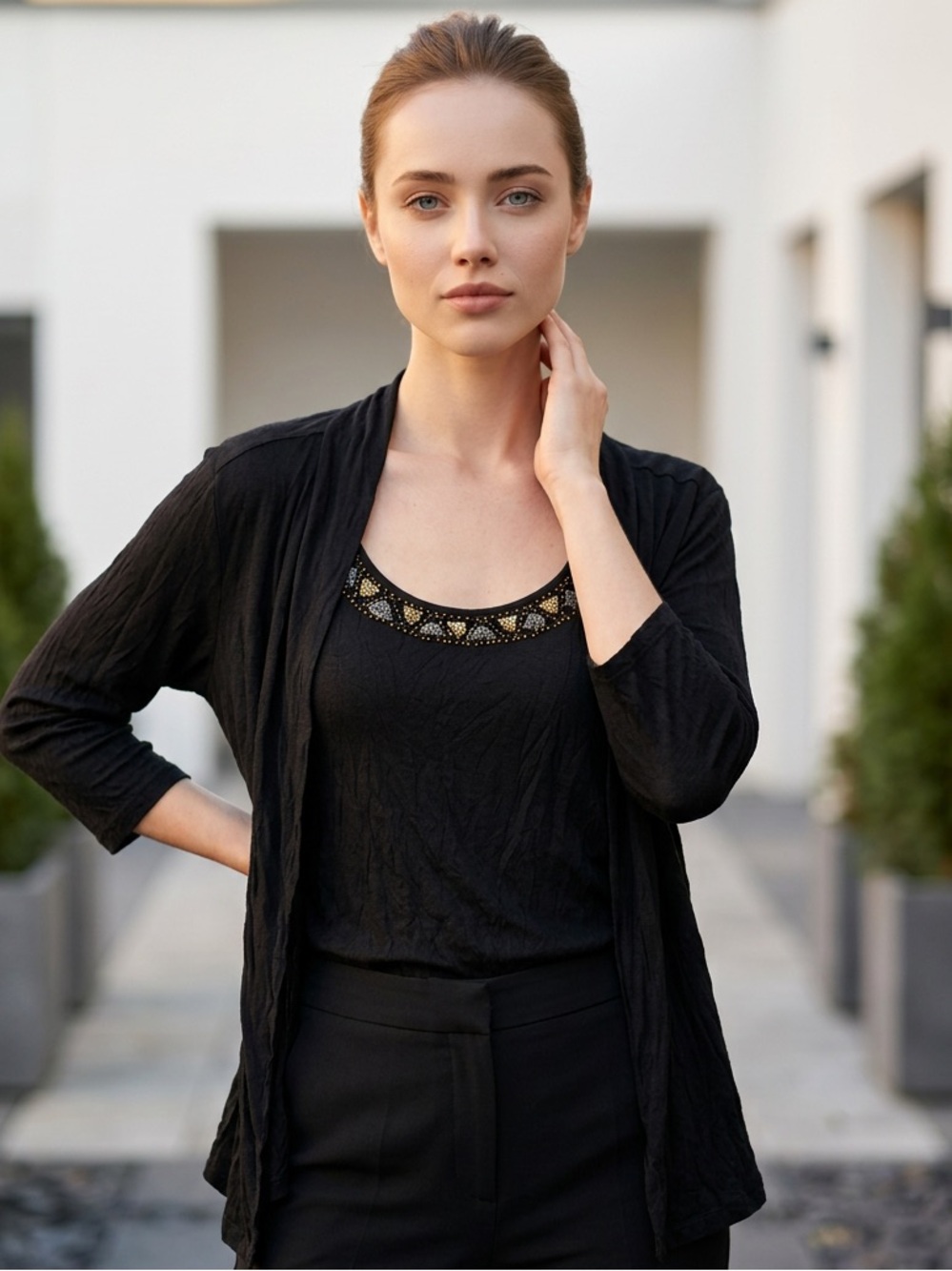 Cable & Gauge Black Solid Beaded Scoop Neck 3/4 Sleeve Top 2X C80618W